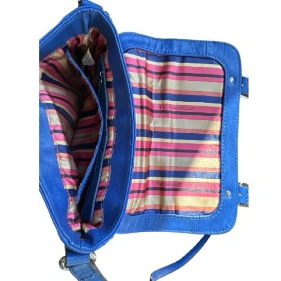 Tignanello Leather Crossbody Bag Blue Adjustable Strap Colorful Striped Lining - Picture 4 of 15